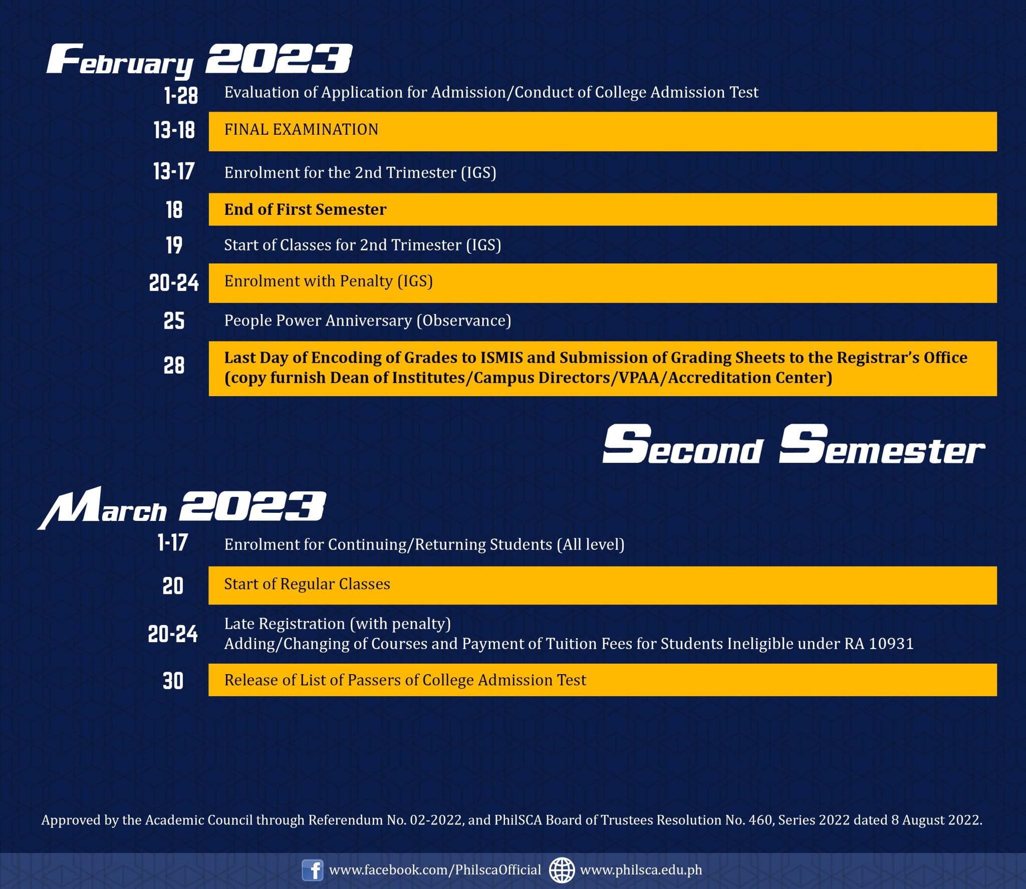 Collegiate Calendar of Activities for Academic Year 20222023.