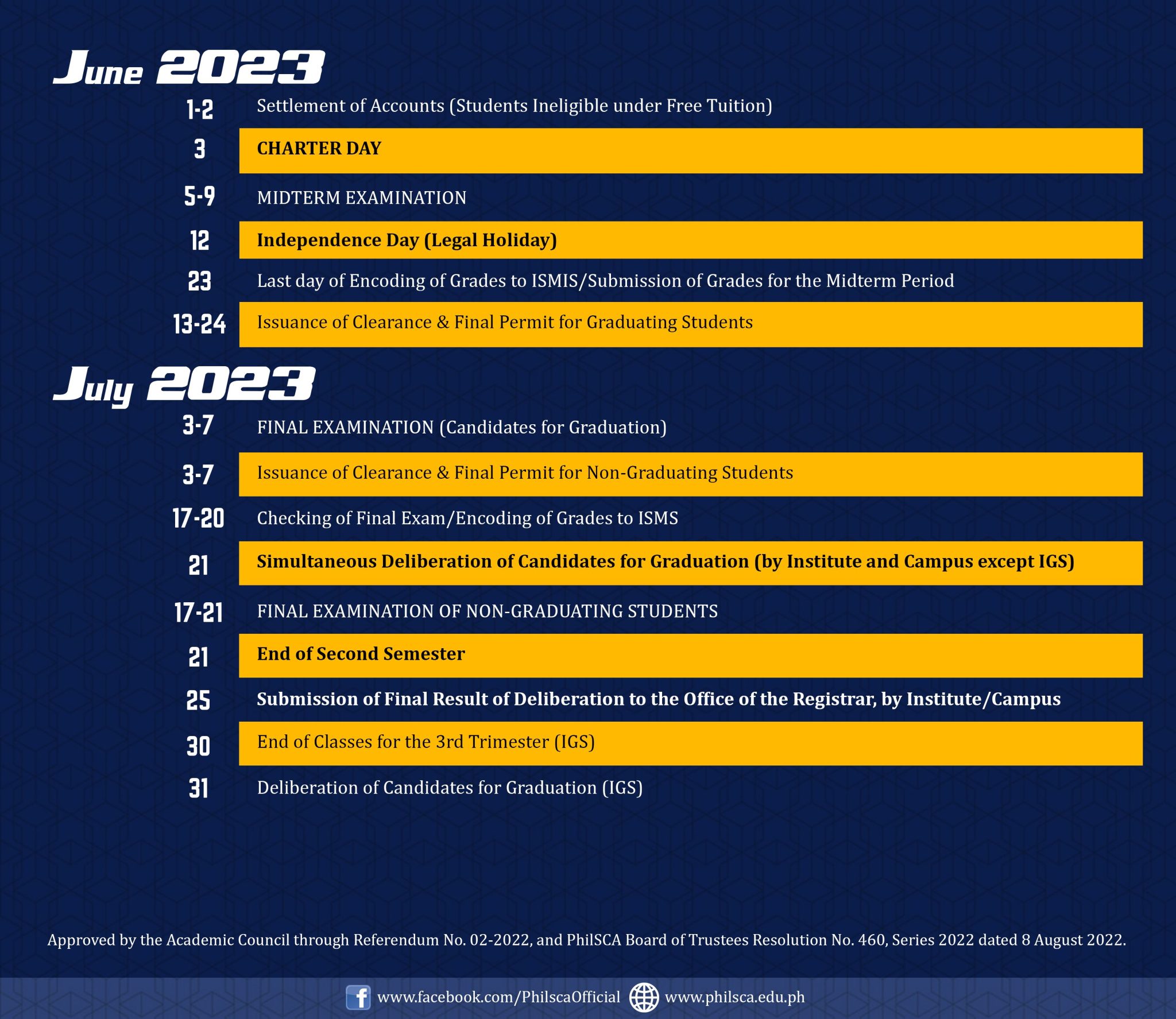 Collegiate Calendar of Activities for Academic Year 20222023.