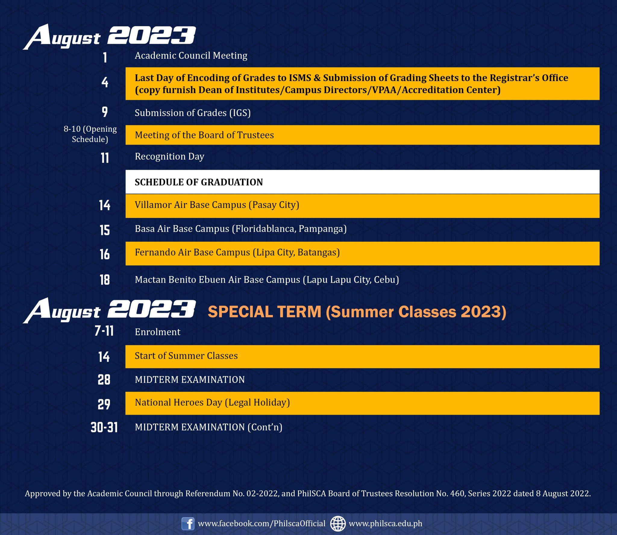 Collegiate Calendar of Activities for Academic Year 20222023.